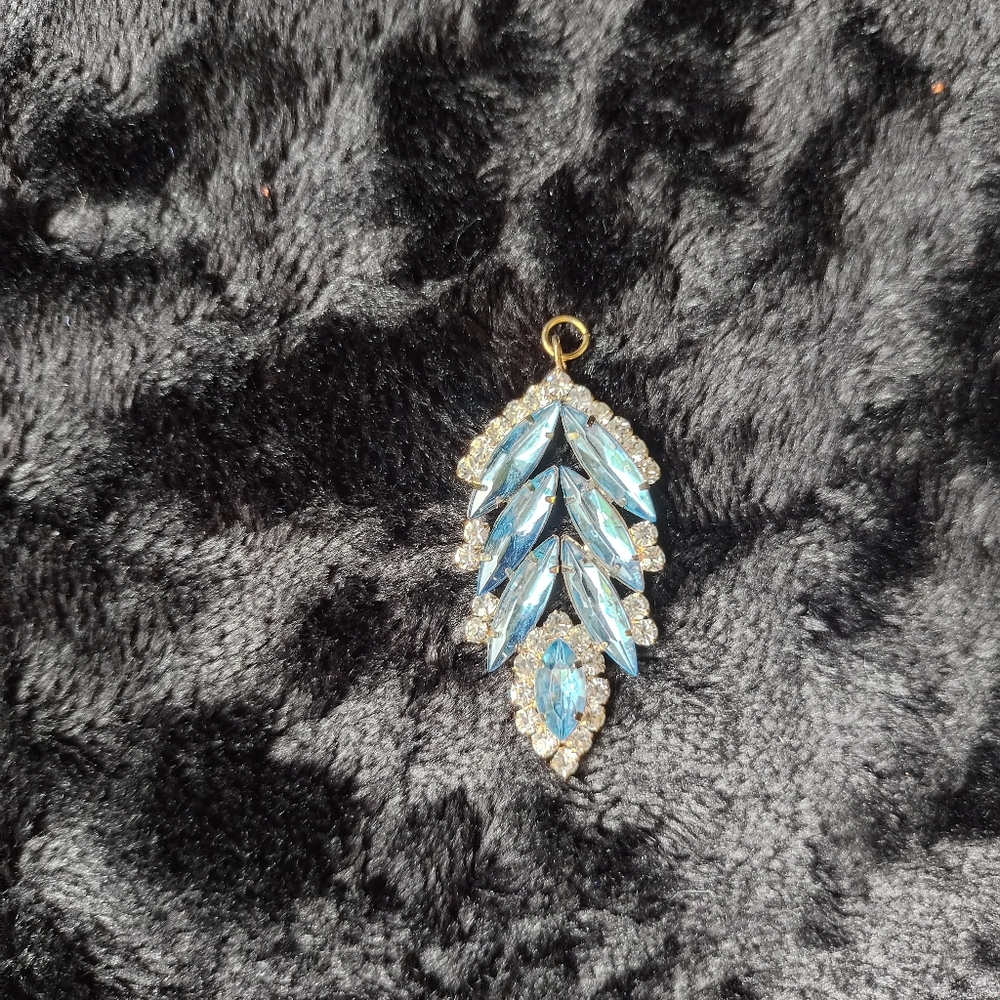 Vintage Blue Clear Rhinestone Gem Jeweled Leaf Feather Gold Toned Pendant